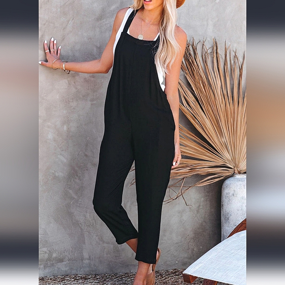 Black Jumpsuit with Square Neckline and Tapered Legs